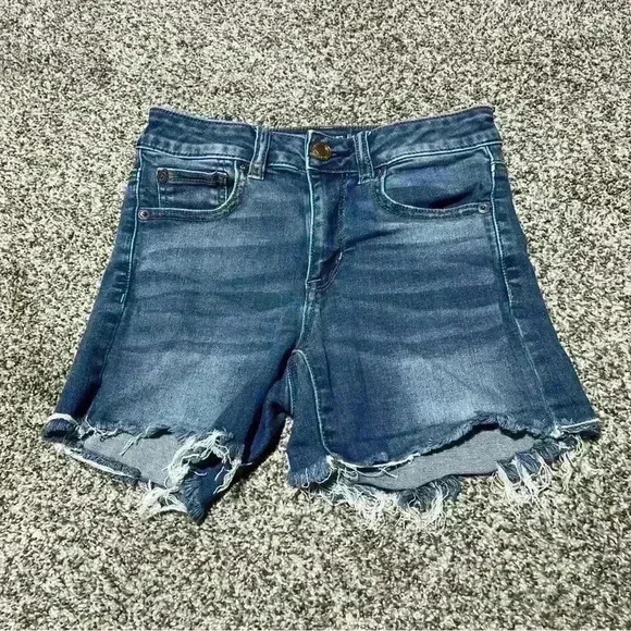 American Eagle Hi Rise Shortie Next Level Stretch Jean shorts Size 2 Frayed Hem - Picture 1 of 10